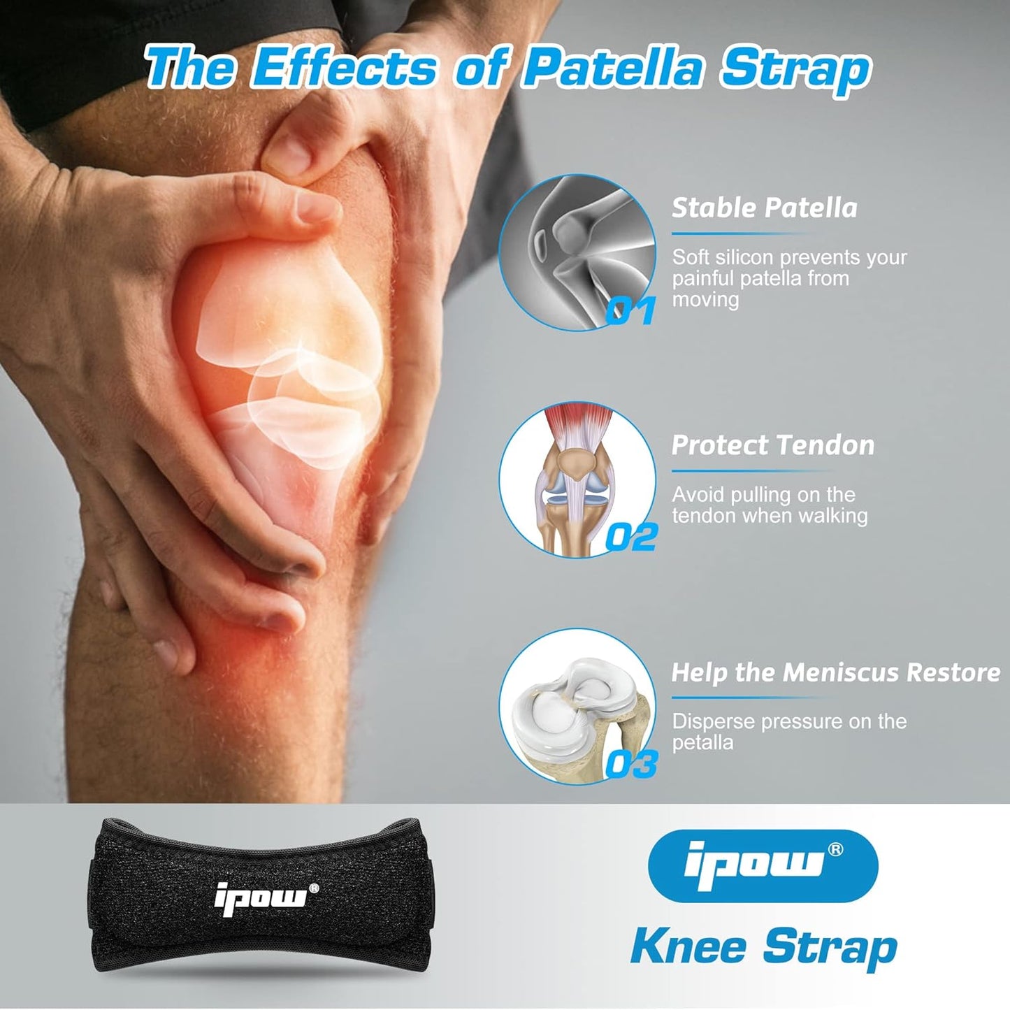 IPOW Knee Pain Relief & Patella Stabilizer Knee Strap Brace Support (Pack of 2)
